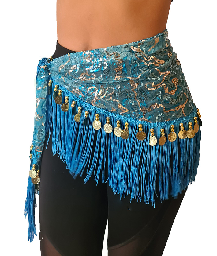 Hip scarf with gold and silver accents, with gold coins - Bellydance  webshop Majorelle