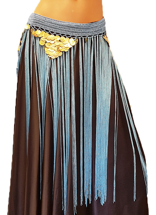 Turquoise hip scarf with long fringes and gold coins