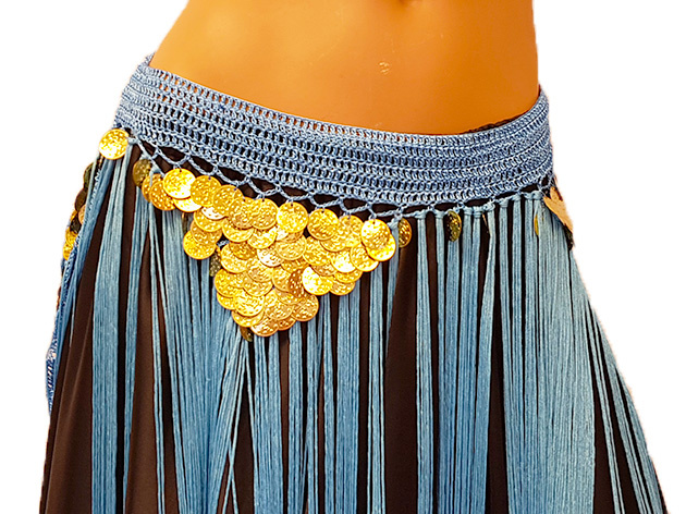 Turquoise hip scarf with long fringes and gold coins