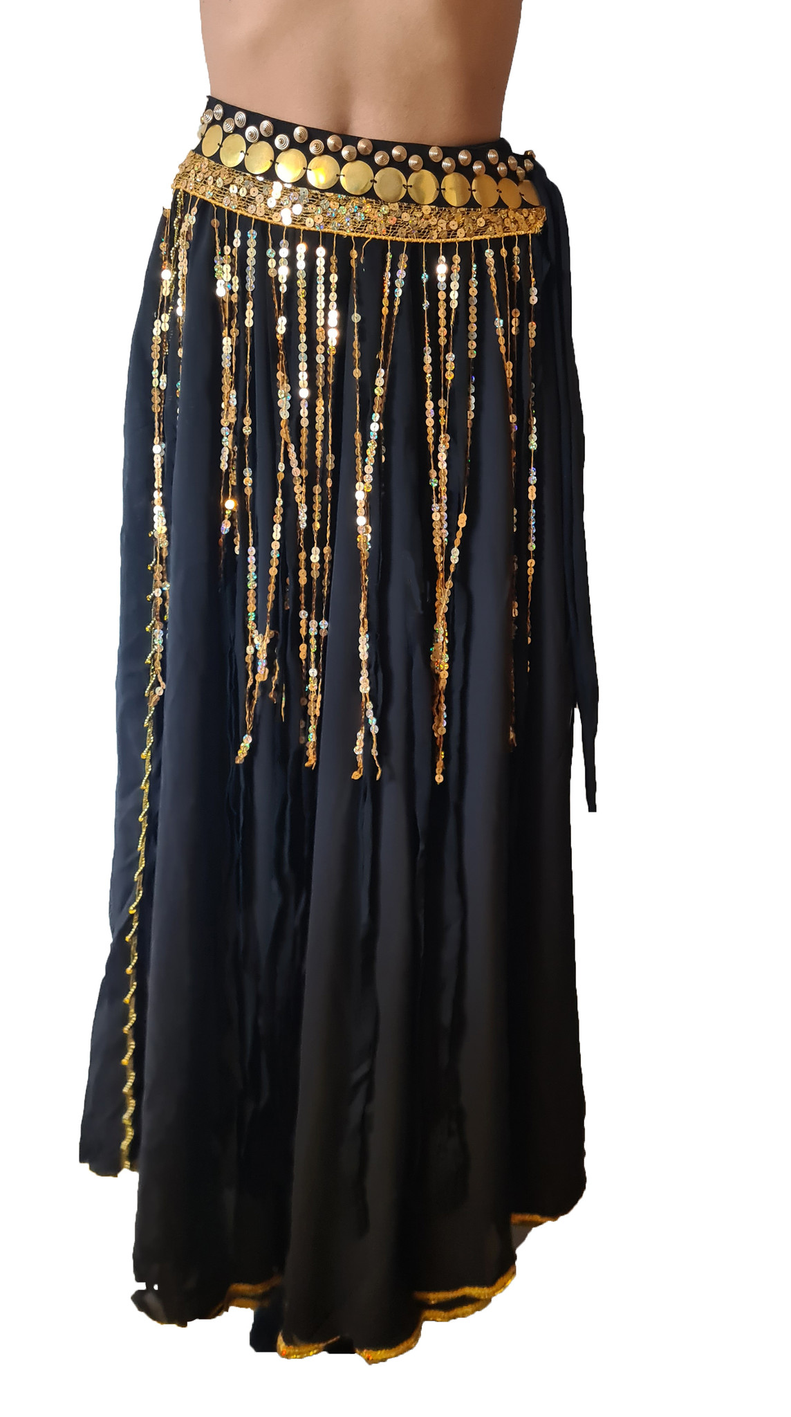 Belly dance Hip scarf black with gold sequins