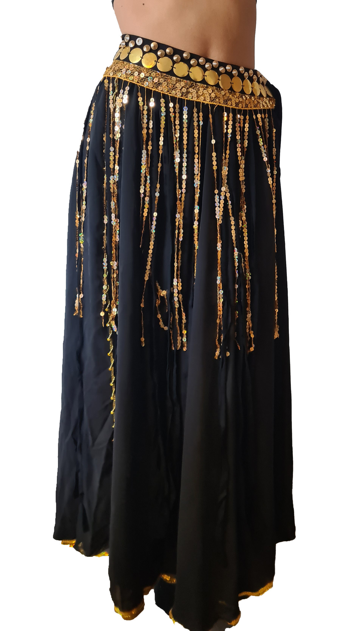 Belly dance Hip scarf black with gold sequins