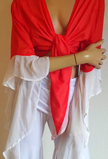 Top red with white sleeves.  Size L