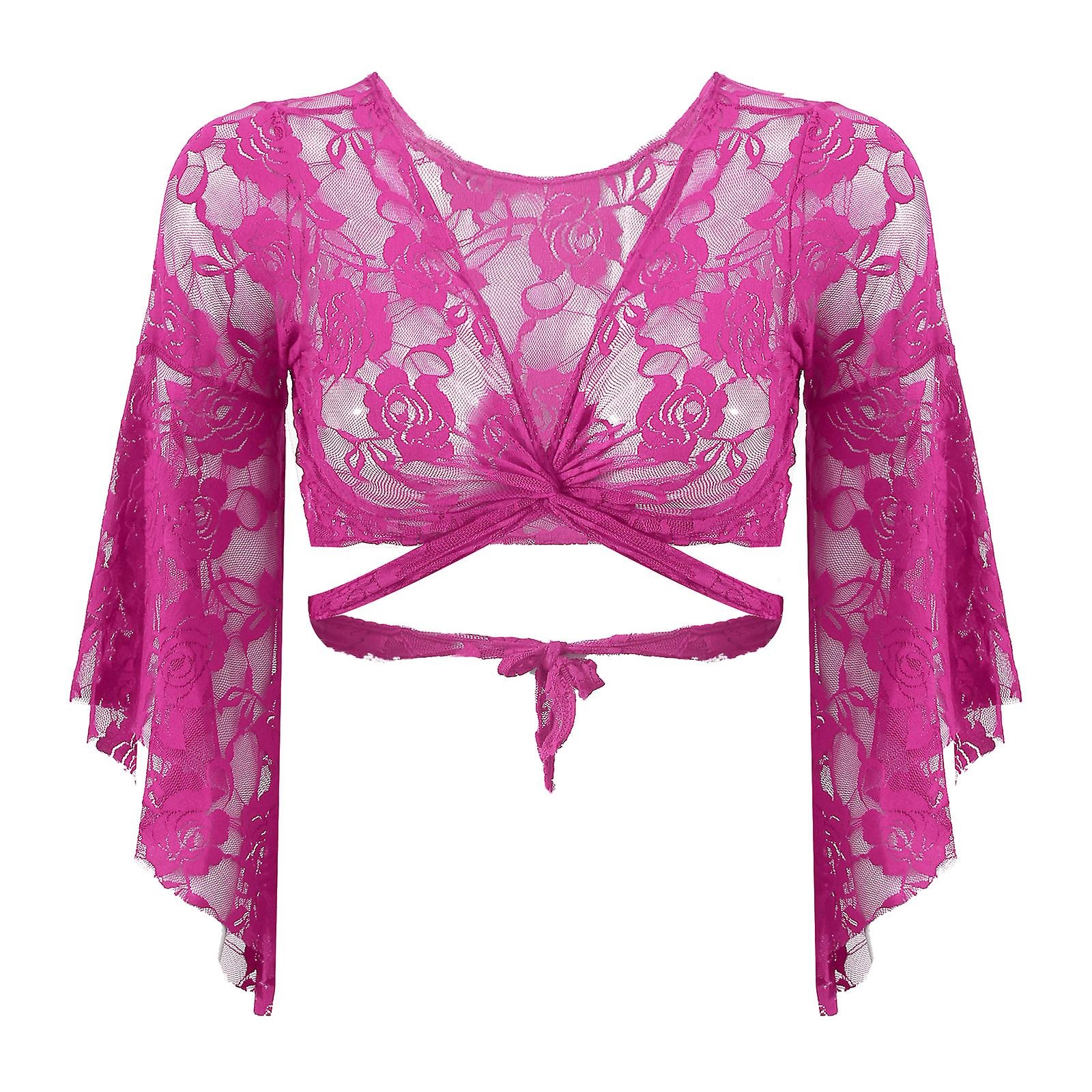 Fuchsia lace top with trumpet sleeve