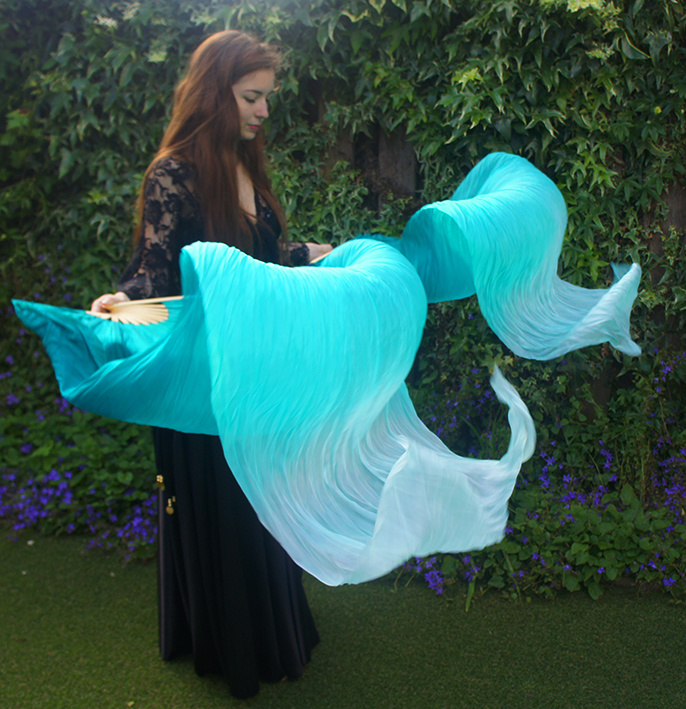 Silk belly dance fan veils peacock green to white gradient