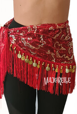 Hip scarf red with gold and silver accents, with gold coins