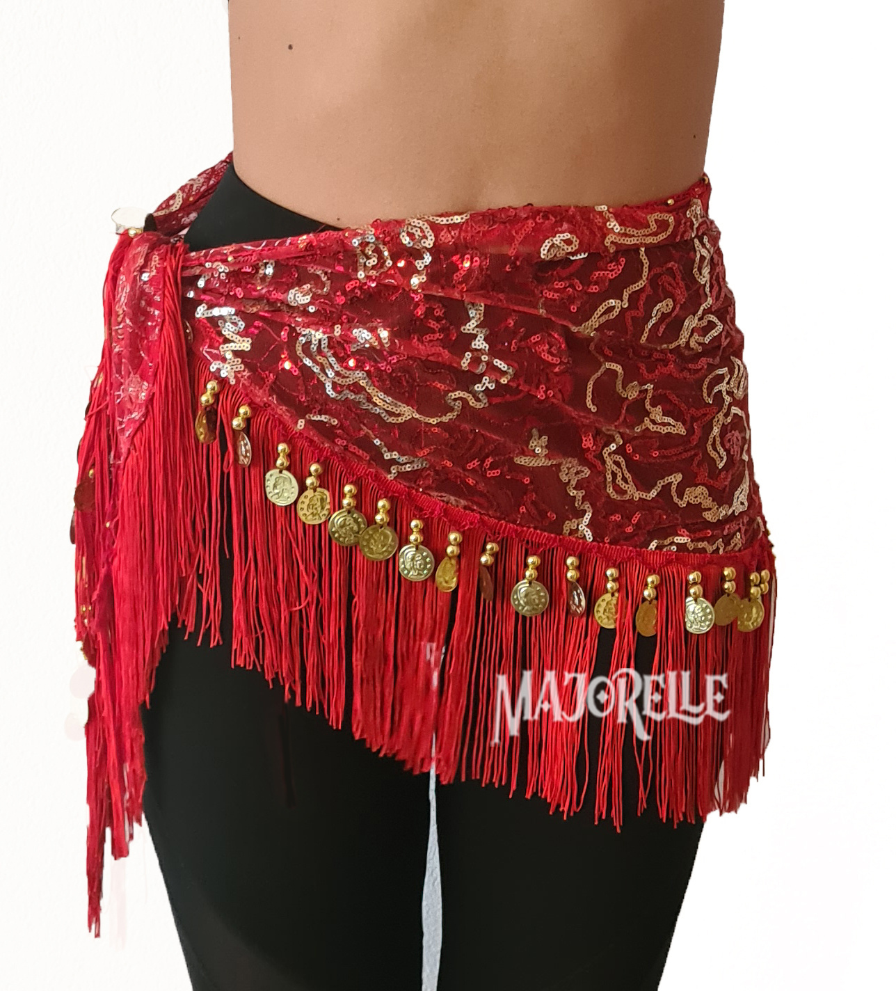 Hip scarf red with gold and silver accents, with gold coins