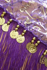 Hip scarf purple with gold and silver accents, with gold coins