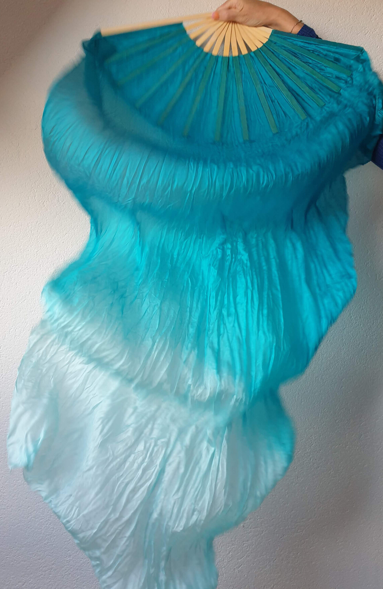 Silk belly dance fan veils bluegreen to white gradient