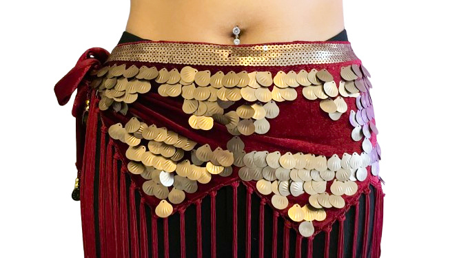 Tribal hip scarf with fringes in bordeaux