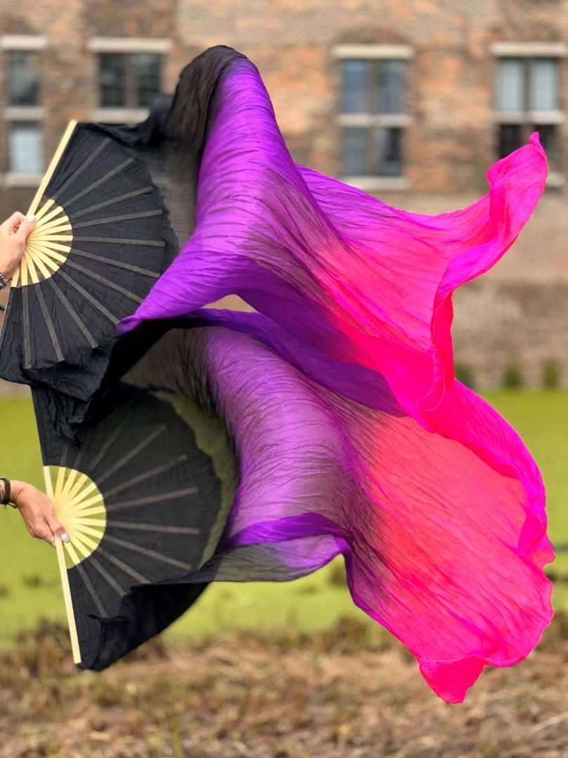Silk belly dance fan veils black purple fuchsia