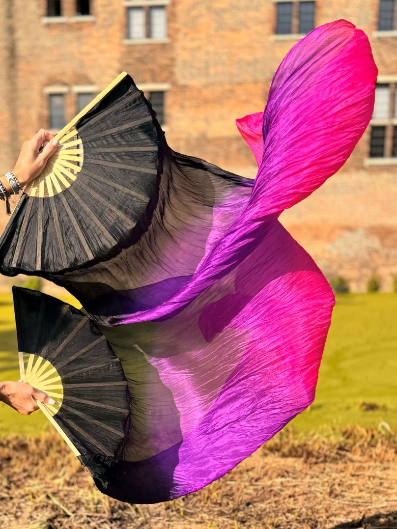 Silk belly dance fan veils black purple fuchsia