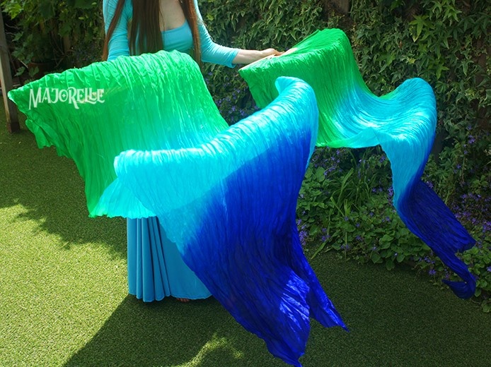 Silk belly dance fan veils in green turquoise blue