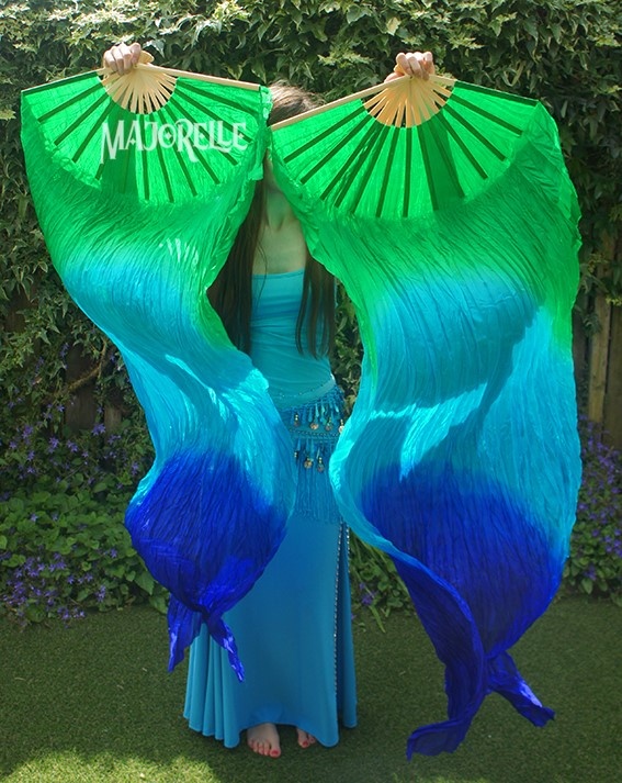 Silk belly dance fan veils in green turquoise blue