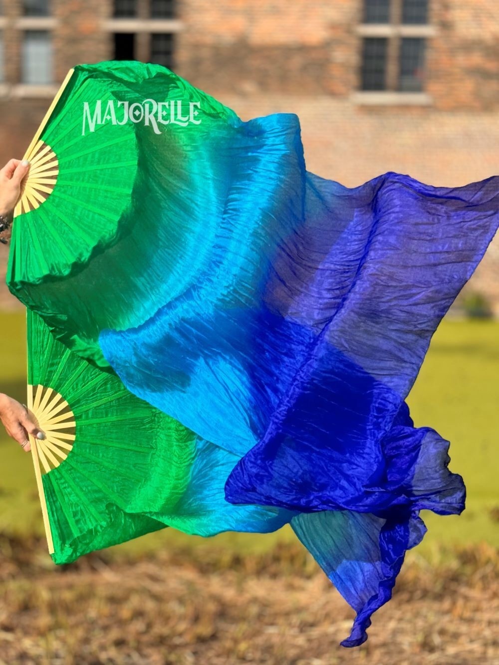 Silk belly dance fan veils in green turquoise blue