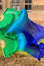 Silk belly dance fan veils in green turquoise blue