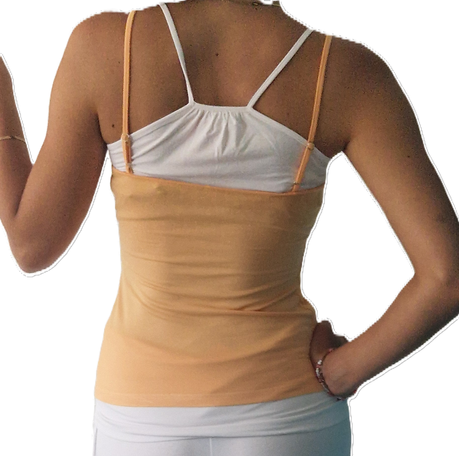 Yoga spaghetti twin tank top peach with white