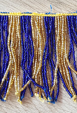 Beaded strip with blue/silver or gold strands with many beads