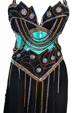 Belly dance costume bra and belt in black, gold and silver