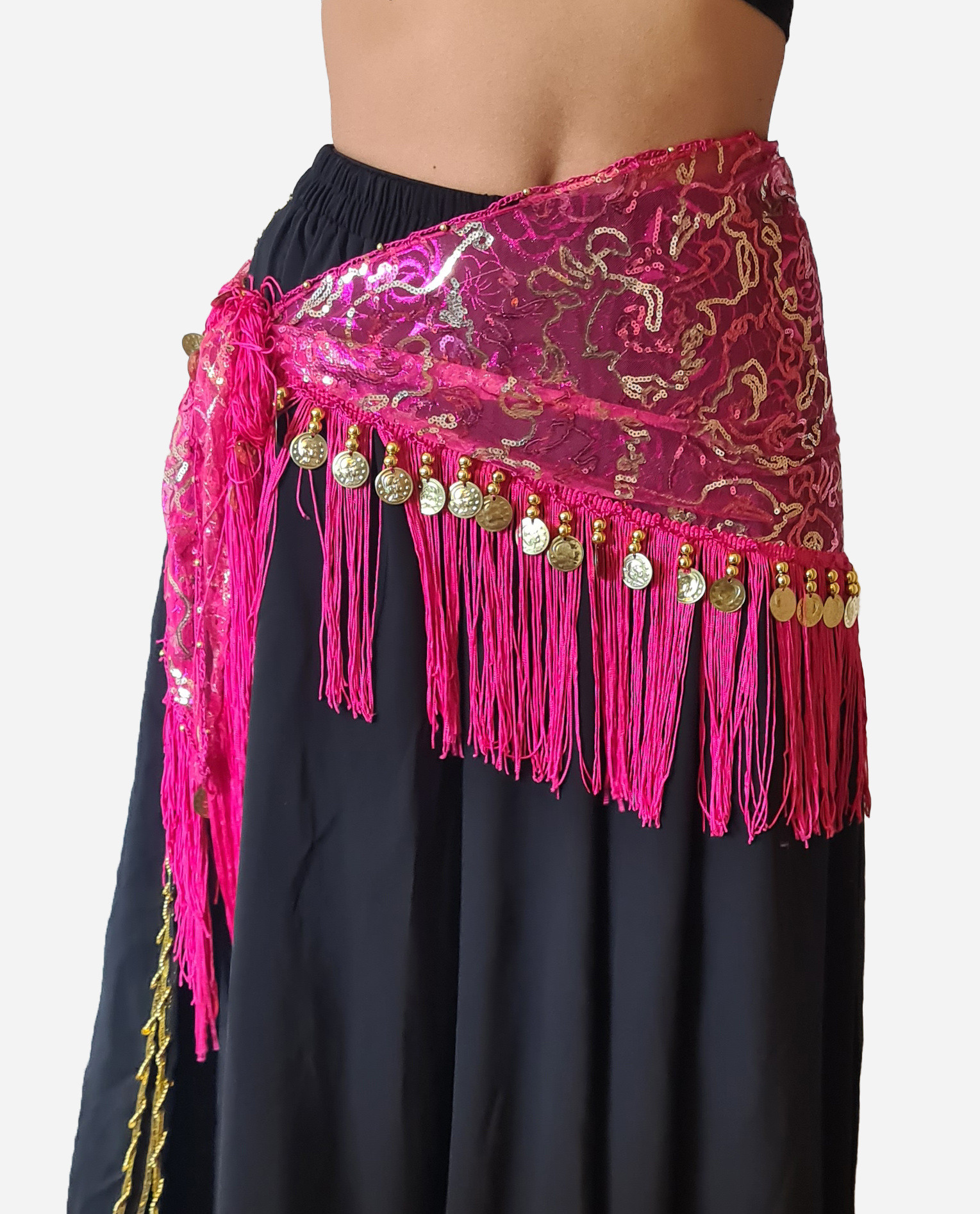 Hip scarf fuchsia with silver accents, with gold coins