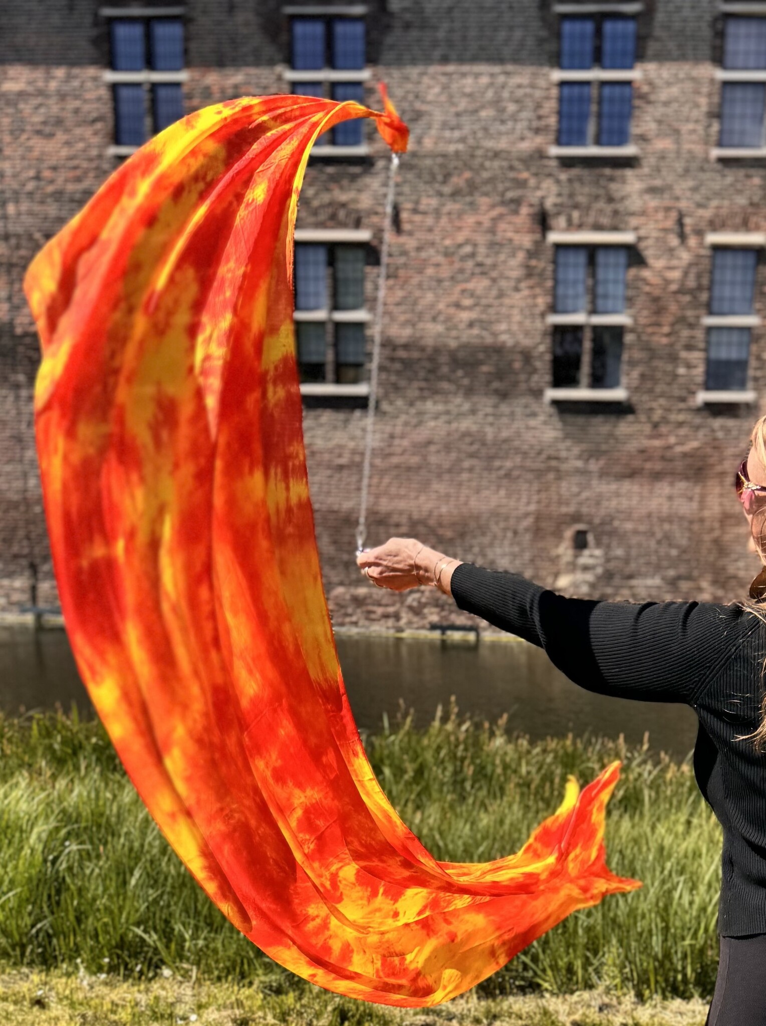 Silk belly dance poi / voi Flame orange yellow tie dye ]