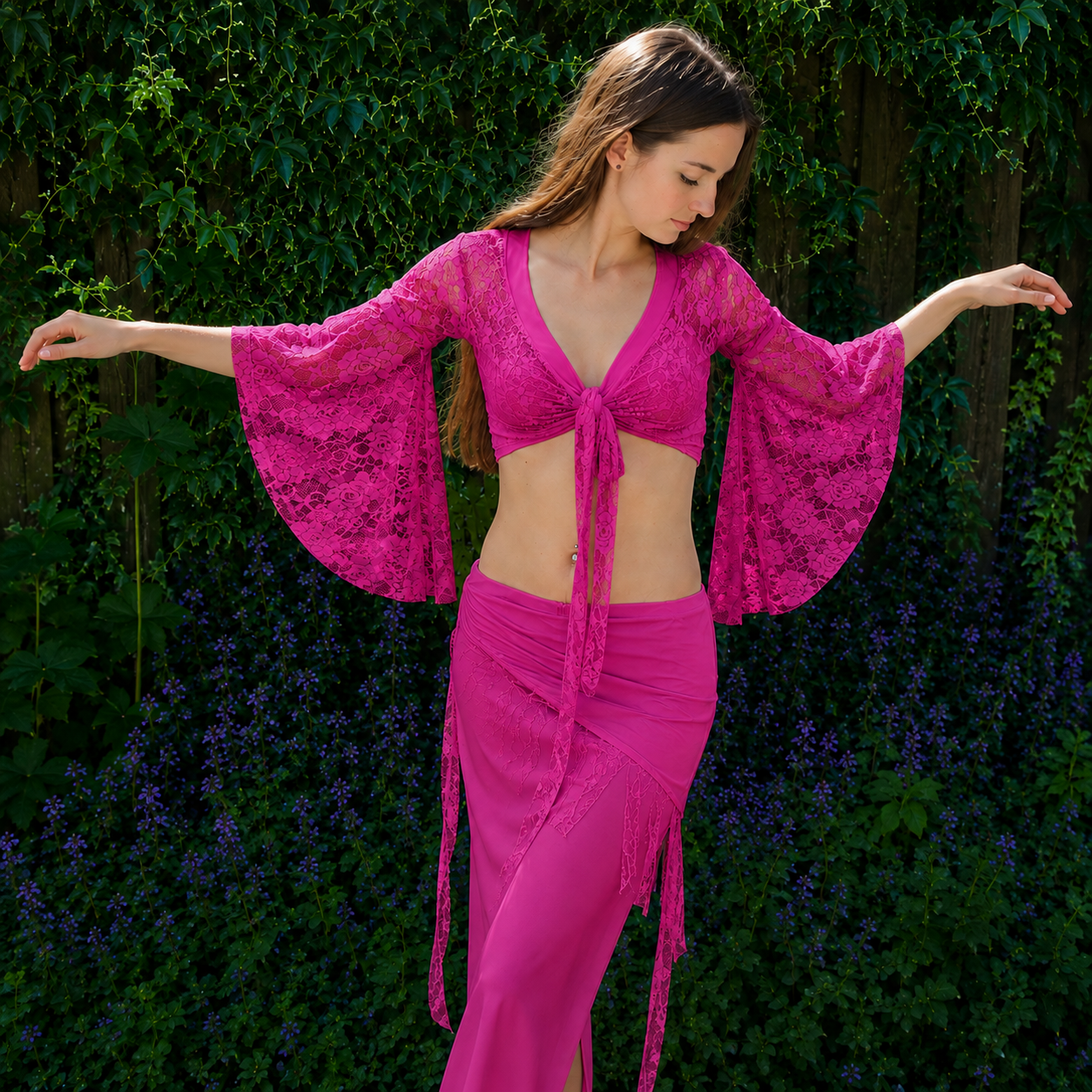 Fuchsia lace top with trumpet sleeve