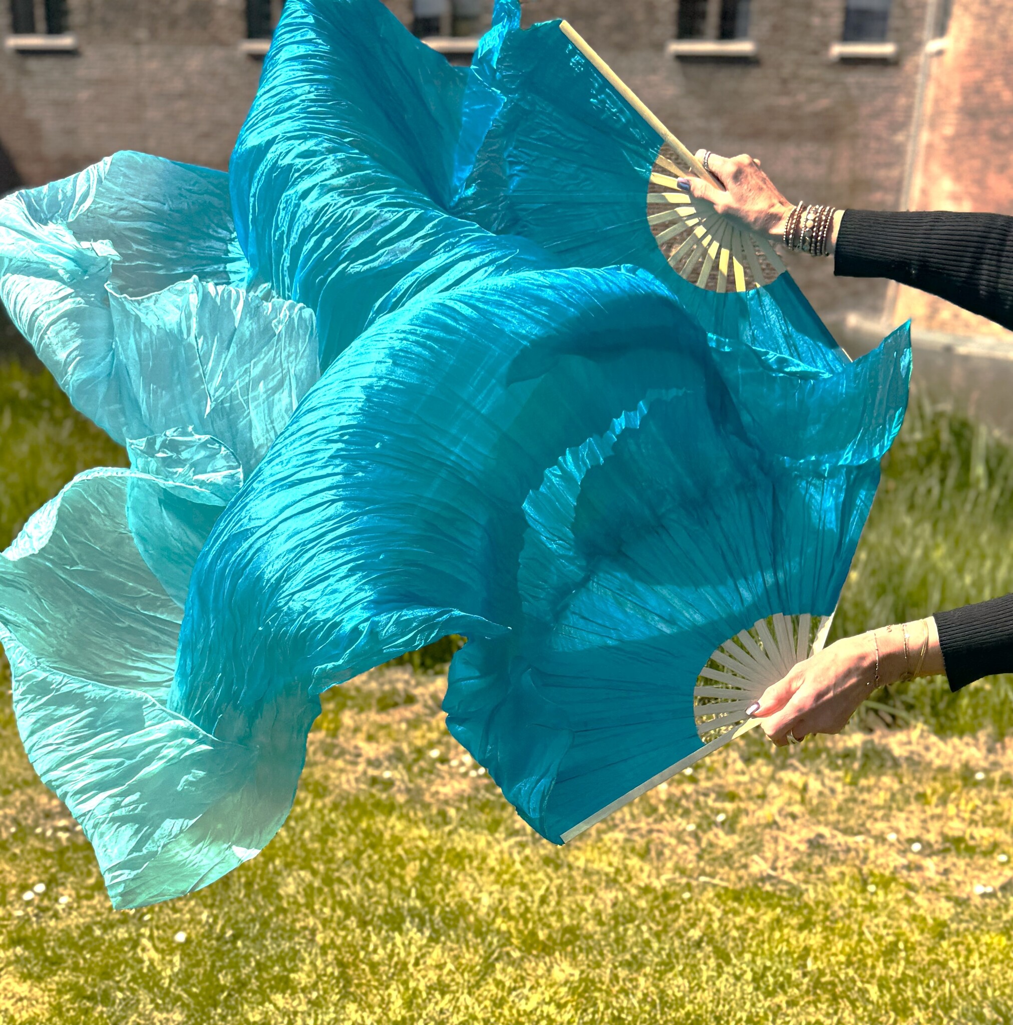 Silk belly dance fan veils bluegreen to white gradient