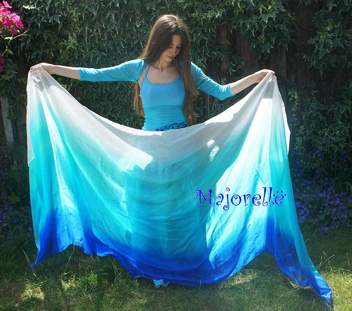 Silk belly dance veil blue peacock green turquoise white