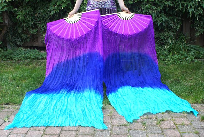 Silk belly dance fan veils in purple blue turquoise