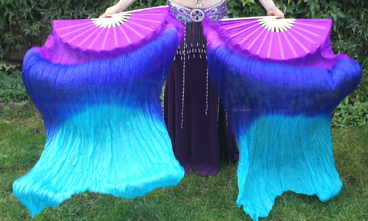 Silk belly dance fan veils in purple blue turquoise