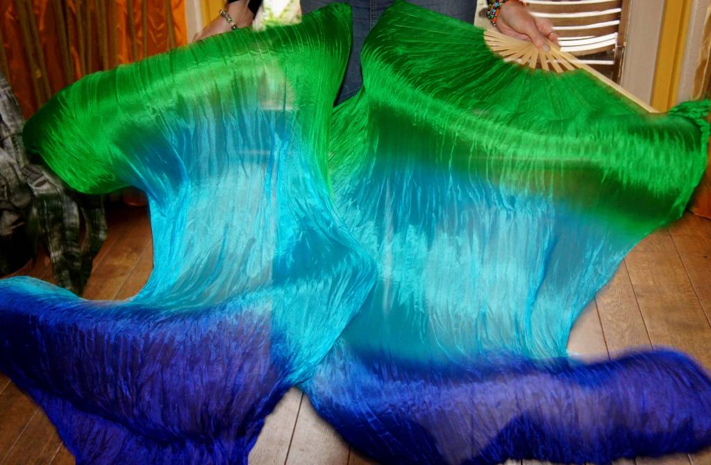 Silk belly dance fan veils in green turquoise blue