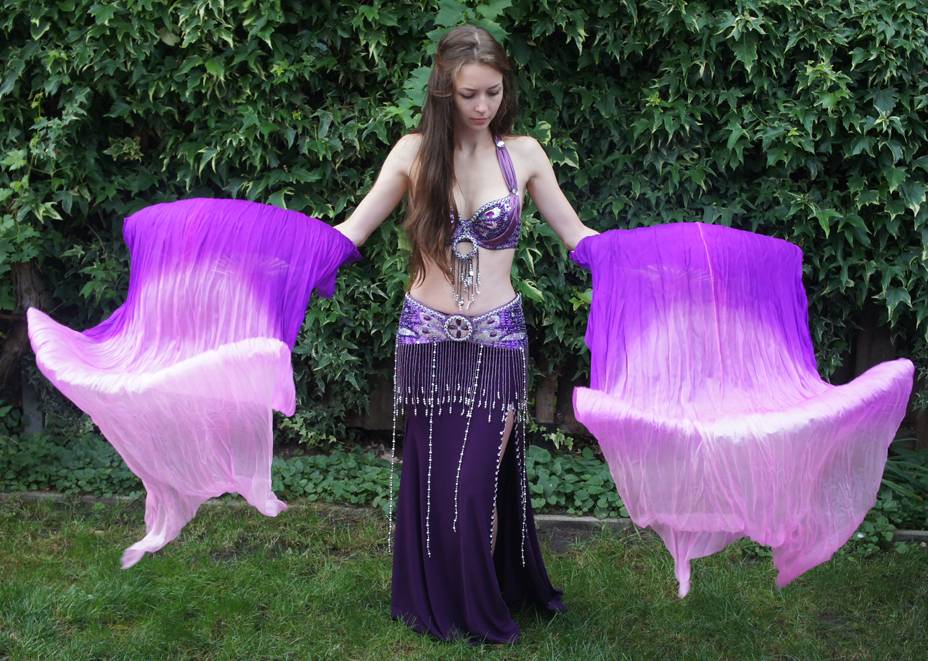 Silk belly dance fan veils purple to white gradient