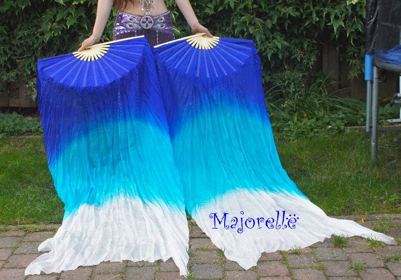 Silk belly dance fan veils in blue  turquoise white gradient
