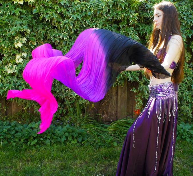 Silk belly dance fan veils black purple fuchsia