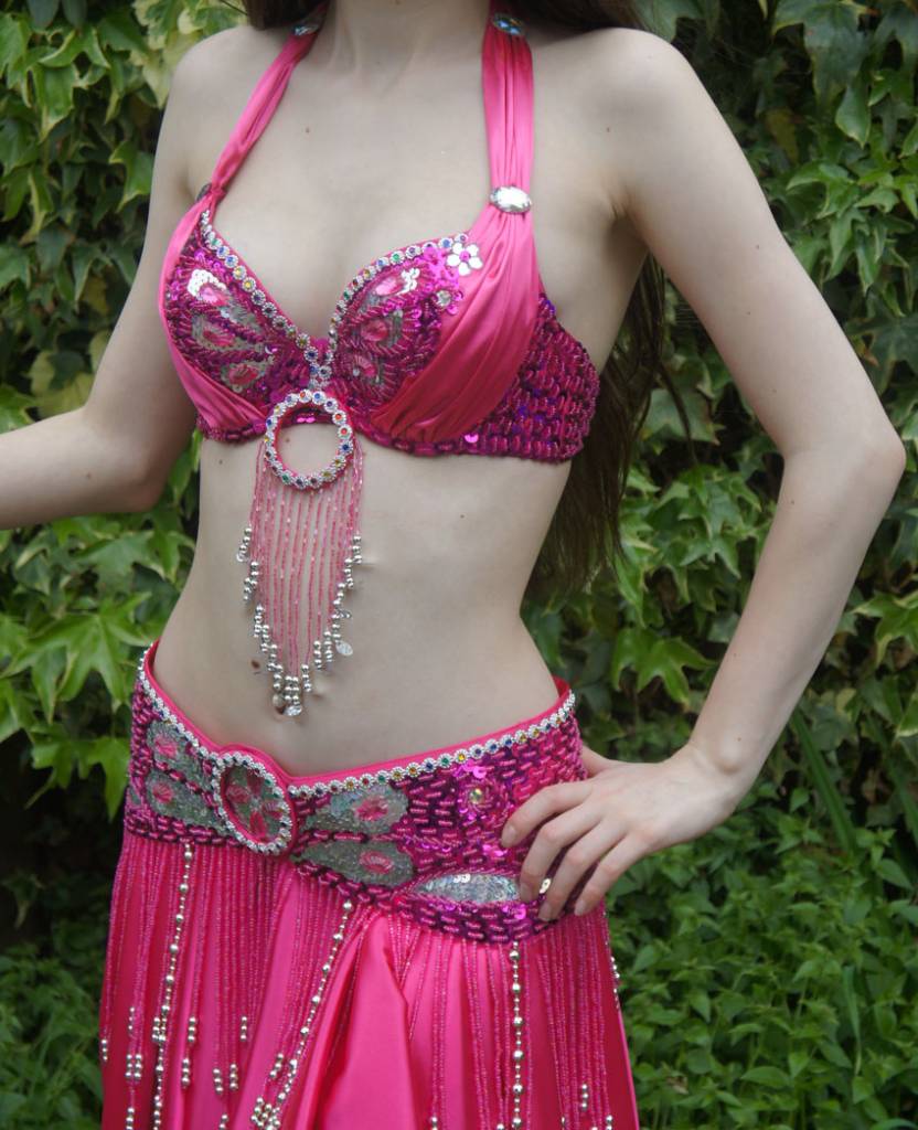 Vintage-Inspired Silk Fuchsia Belly Dance Costume bra and belt any