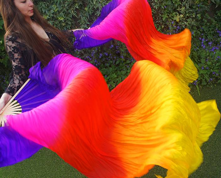 Silk belly dance fan veils in beautiful bright colors
