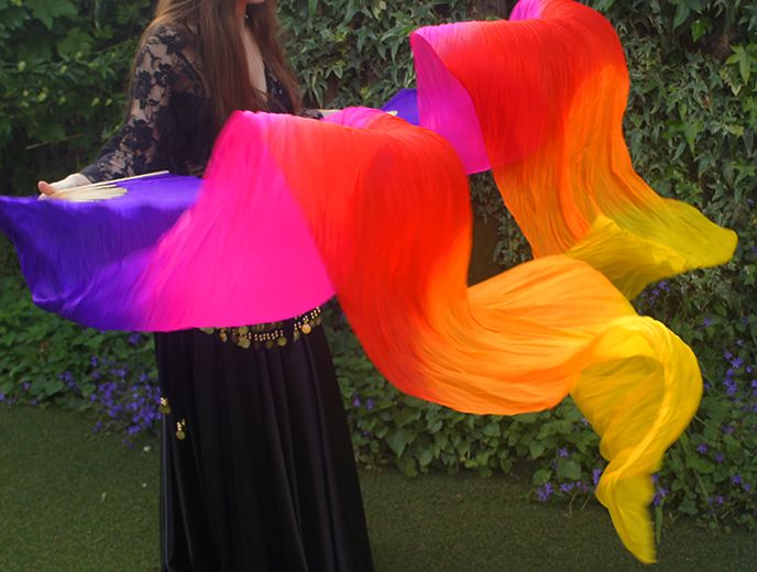 Silk belly dance fan veils in beautiful bright colors