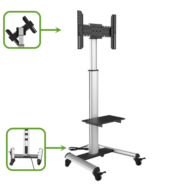 XTRARM Proton 500 Verrijdbare TV Standaard Aluminium = Met 2 stopcontacten en 2 USB poorten