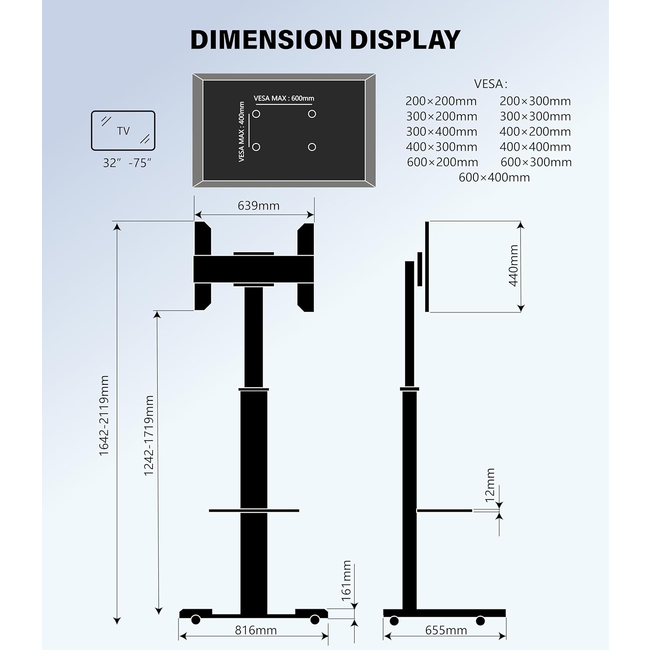 XTRARM Proton 500 Verrijdbare TV Standaard Aluminium = Met 2 stopcontacten en 2 USB poorten
