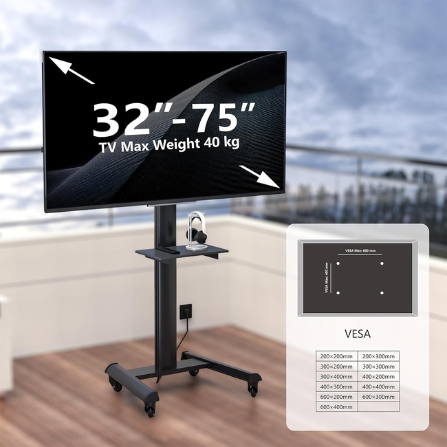 XTRARM Proton 500  Verrijdbare TV Vloerstandaard Zwart - Met 2 stopcontacten en 2 USB poorten