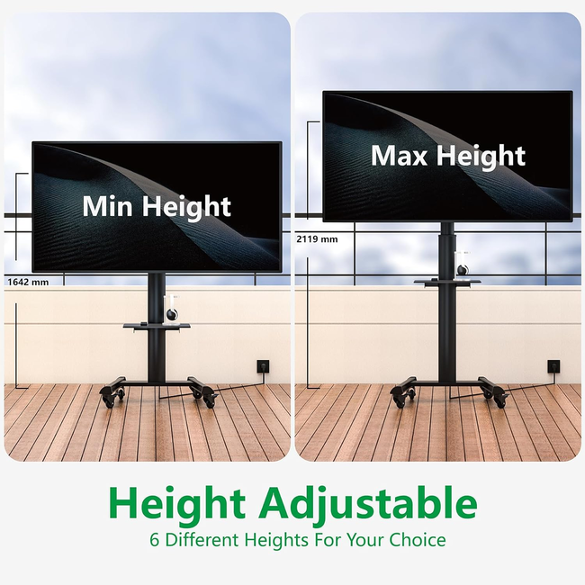 XTRARM Proton 500  Verrijdbare TV Vloerstandaard Zwart - Met 2 stopcontacten en 2 USB poorten