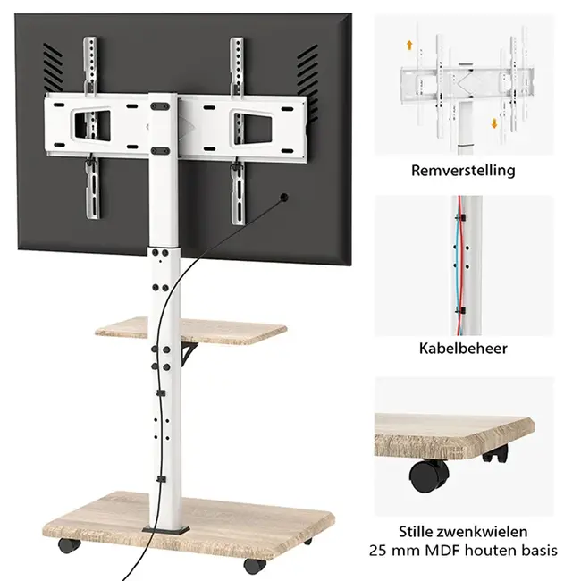 XTRARM Delphos TV Vloerstandaard   Wit Eiken Verrijdbaar