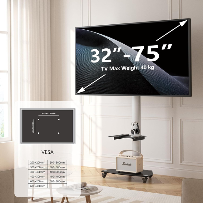 XTRARM Proton 300 Verrijdbare TV Standaard Aluminium - Met 2 stopcontacten