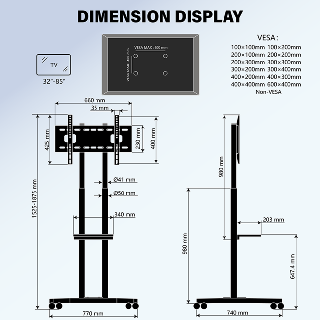 DQ Cato 600 TV Vloerstandaard  Verrijdbaar -  Met 2 stopcontacten en 2 USB  poorten