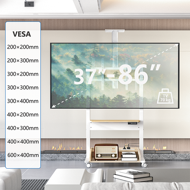 DQ Zelos Elektrische TV Vloerstandaard – Wit / Eiken – Voor TV’s van 37 t/m 86 inch