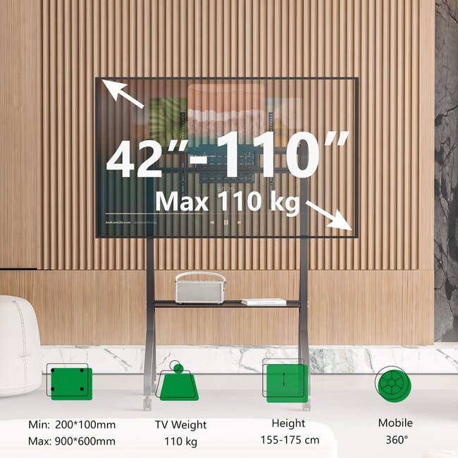 XTRARM Aura XTR-FS5150 – Verrijdbare TV Vloerstandaard 42"-110" Zwart-Snelle Installatie