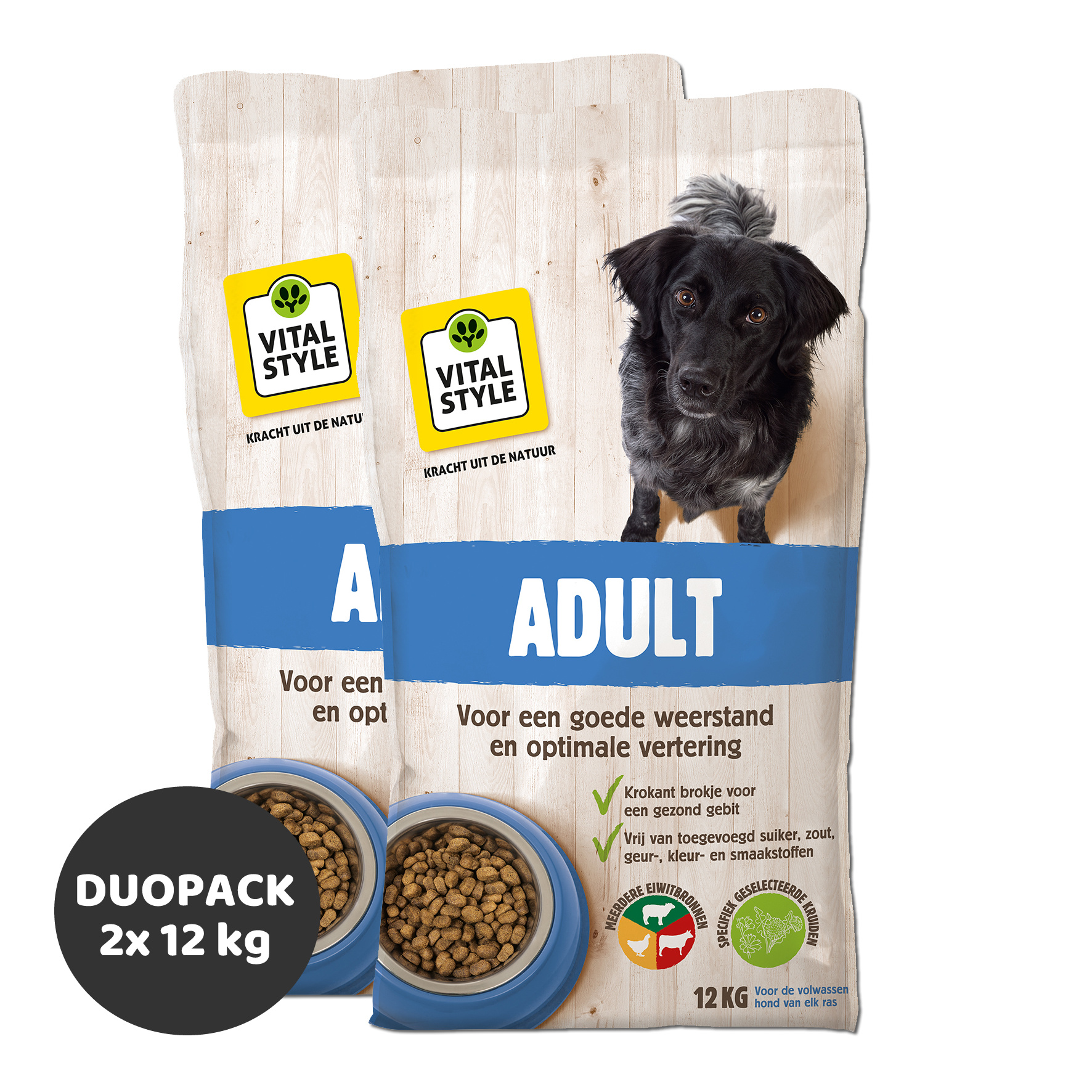 Begrip Surichinmoi Deens VITALstyle Adult hondenbrokken 2x12 kg (duopack) ✓ Aanbieding |  Ecodiervoeding.nl