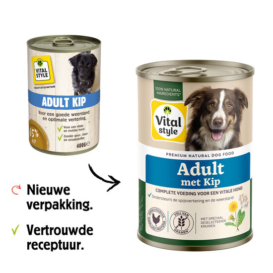 Vitalstyle Adult kip hondenvoeding blik 6x400 gram (tray)