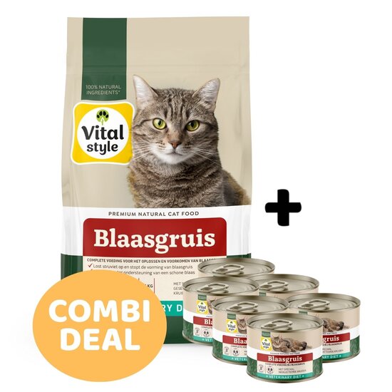 Vitalstyle Blaasgruis brokken 3,5 kg + 6 blikjes natvoer (combi-deal)