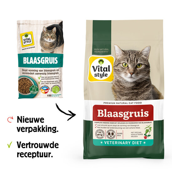 Vitalstyle Blaasgruis brokken 3,5 kg + 6 blikjes natvoer (combi-deal)