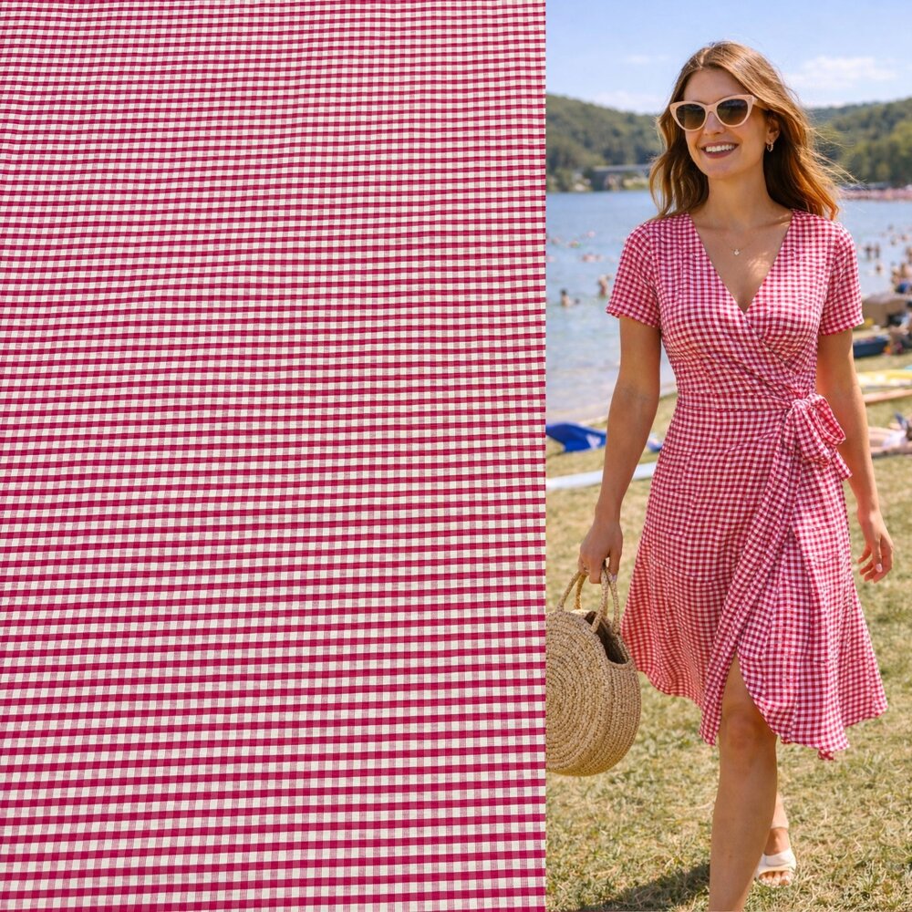 Viskose Stretch Checked 5495 - Fuchsia/Weiß